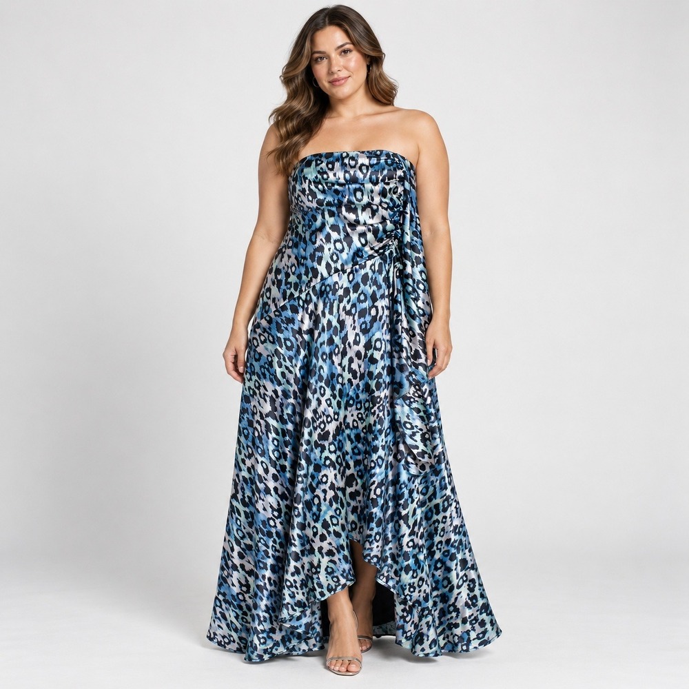 Randolph Duke 97% Silk Strapless Gown Women 12 Y2K Glam Leopard Ruching
